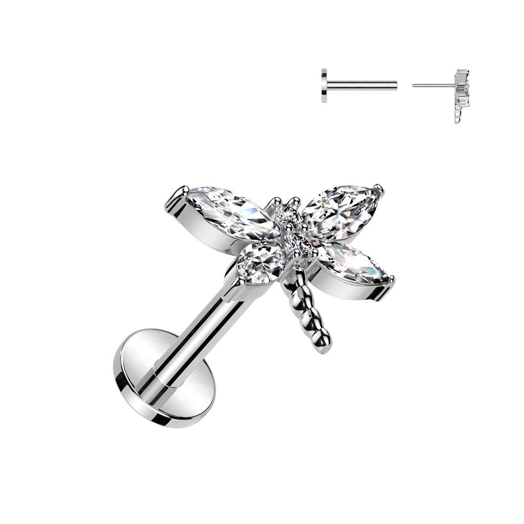 316L Surgical Steel Threadless Push In Labret With CZ Dragonfly Top