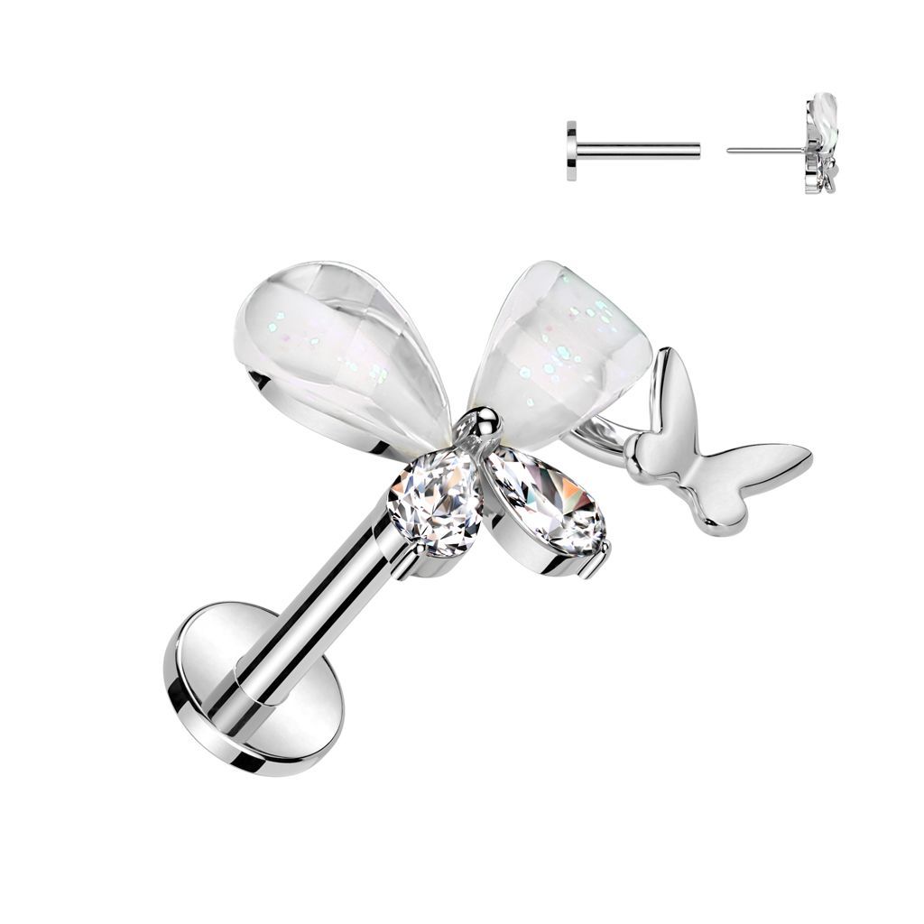 316L Surgical Steel Threadless Push In Labret With CZ Butterfly Top