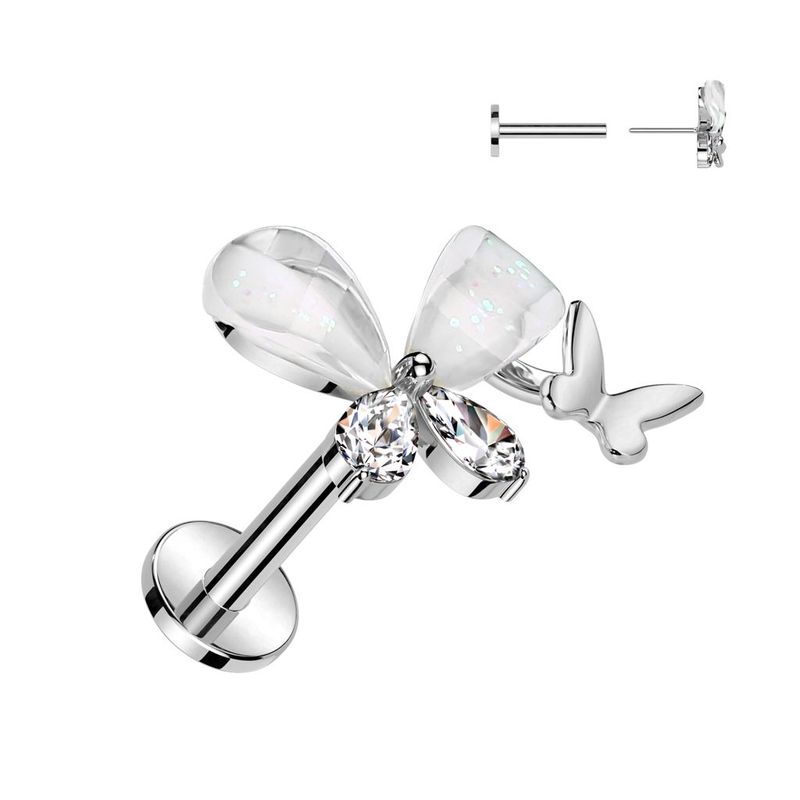 316L Surgical Steel Threadless Push In Labret With CZ Butterfly Top
