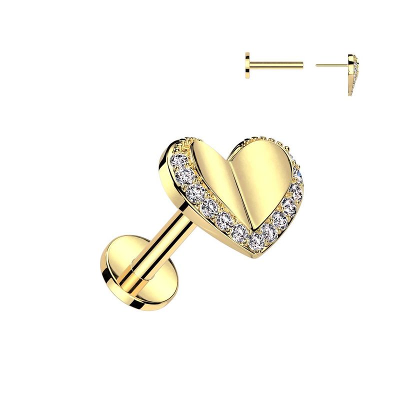 316L Surgical Steel Threadless Push In Labret With Heart and Pave CZ Edge Top
