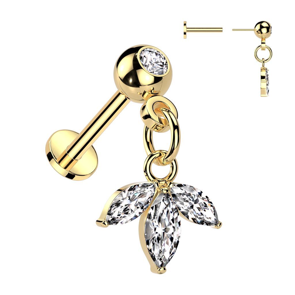 316L Surgical Steel Threadless Push In Labret With Pressed Fit CZ and 3 Marquise CZ Leaf Dangle Top