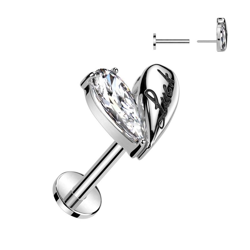 316L Surgical Steel Threadless Push In Labret With Half CZ Heart Top