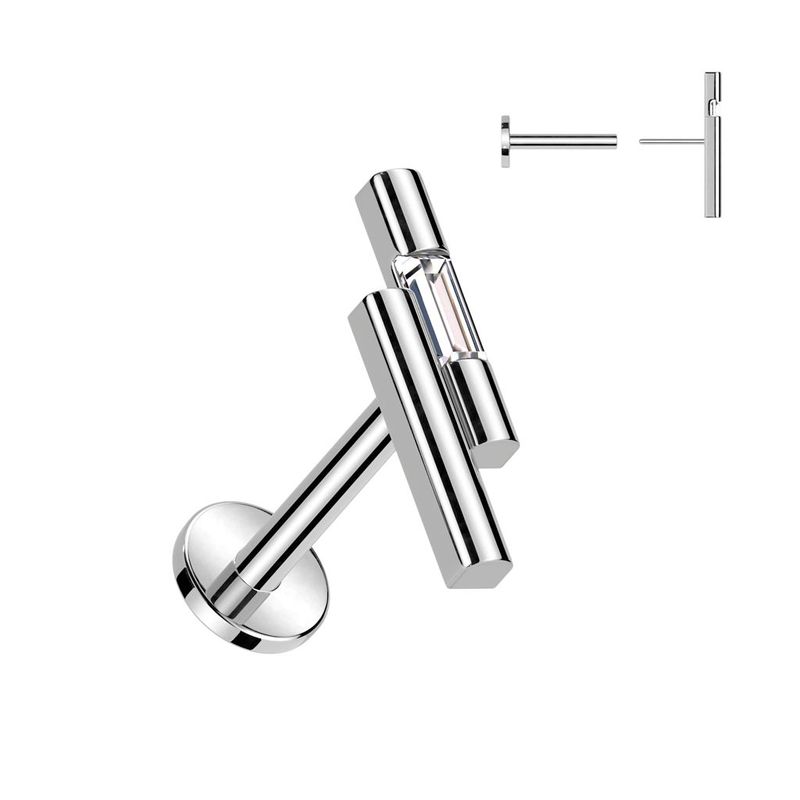 316L Surgical Steel Threadless Push In Labret Double Bar With Emerald CZ Top