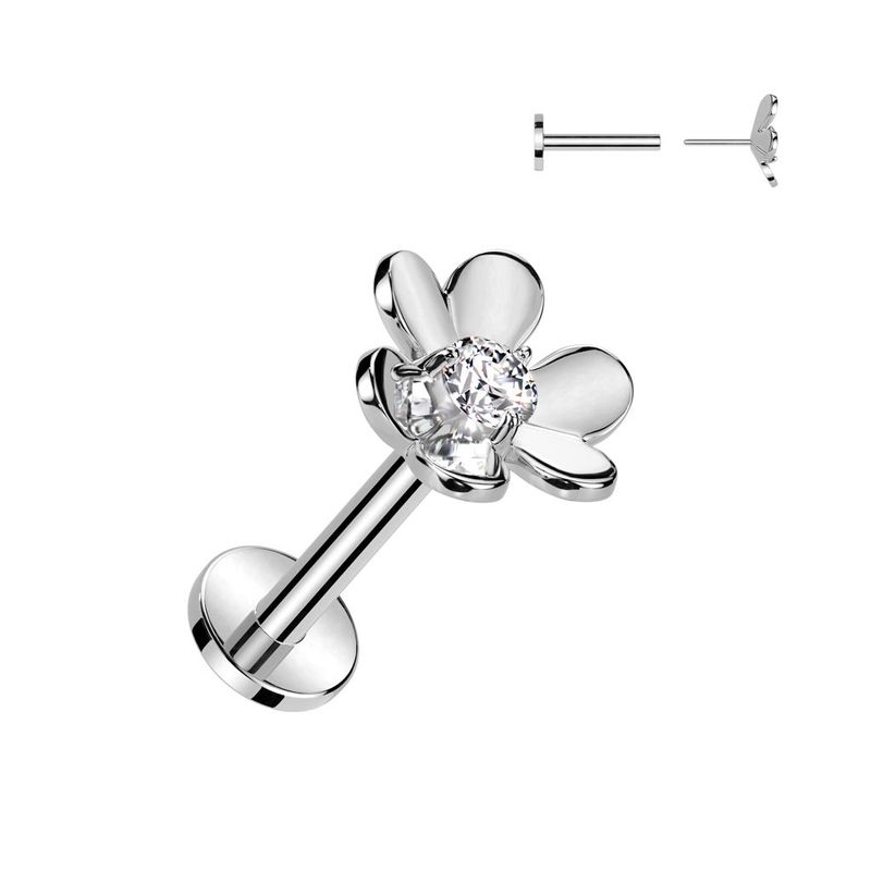 316L Surgical Steel Threadless Push In Labret With CZ Center Flower Top