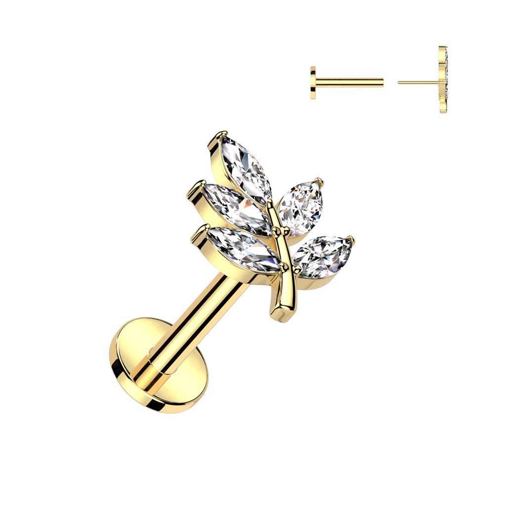 316L Surgical Steel Threadless Push In Labret With CZ Leaf Top