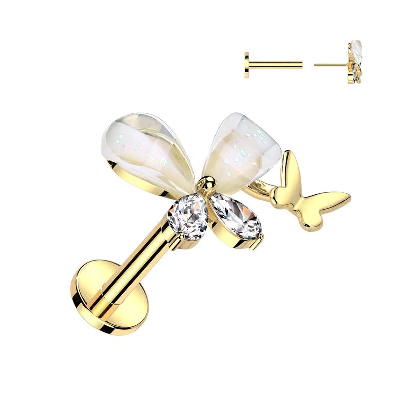 316L Surgical Steel Threadless Push In Labret With CZ Butterfly Top