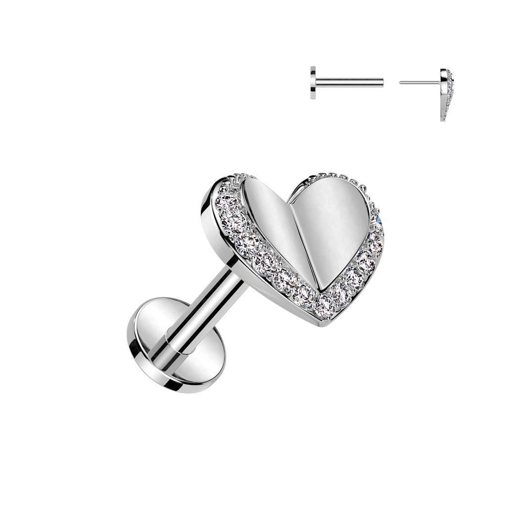 316L Surgical Steel Threadless Push In Labret With Heart and Pave CZ Edge Top