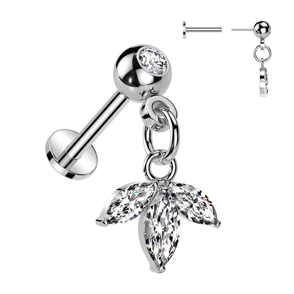 316L Surgical Steel Threadless Push In Labret With Pressed Fit CZ and 3 Marquise CZ Leaf Dangle Top