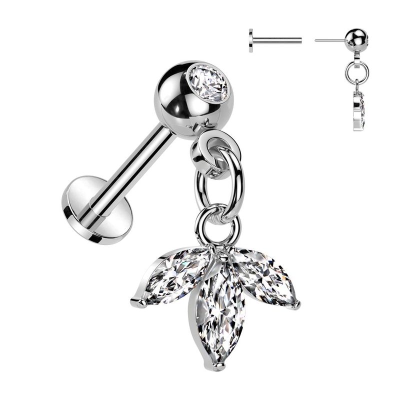 316L Surgical Steel Threadless Push In Labret With Pressed Fit CZ and 3 Marquise CZ Leaf Dangle Top