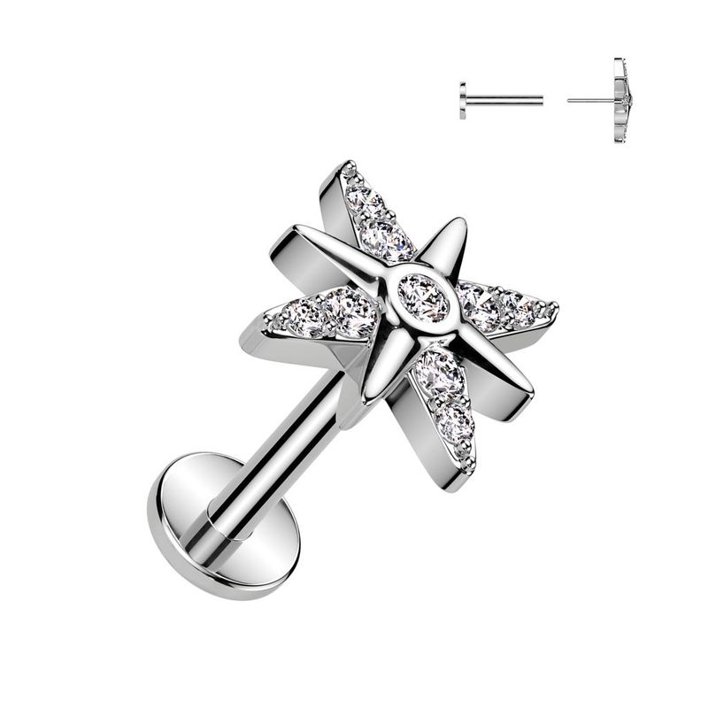 316L Surgical Steel Threadless Push In Labret, Flat Back Stud With CZ Starburst Top