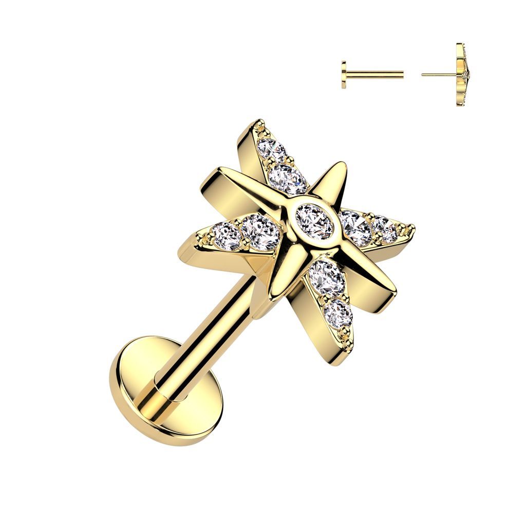 316L Surgical Steel Threadless Push In Labret, Flat Back Stud With CZ Starburst Top
