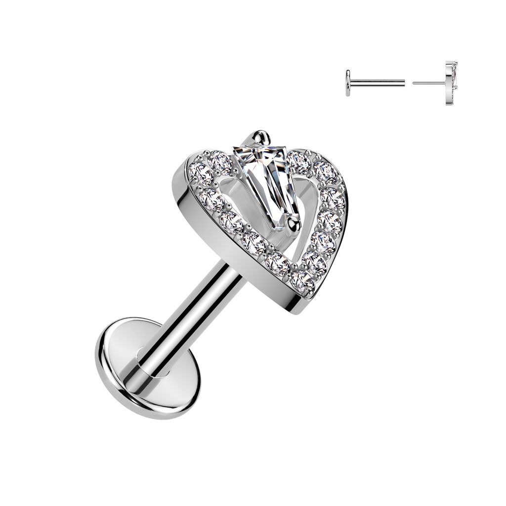 316L Surgical Steel Threadless Push In Flat Back Stud With CZ Pave Heart and Triangle CZ Center Top