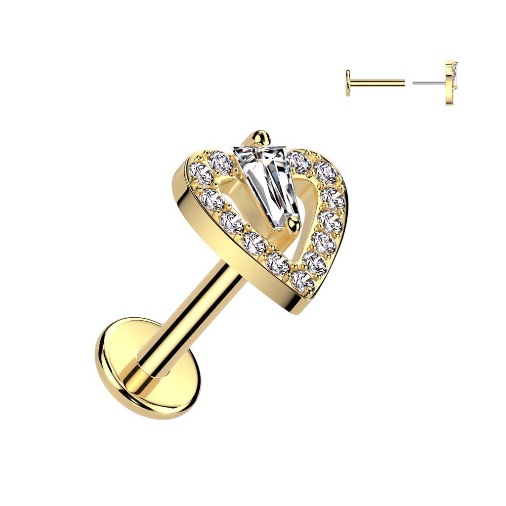 316L Surgical Steel Threadless Push In Flat Back Stud With CZ Pave Heart and Triangle CZ Center Top