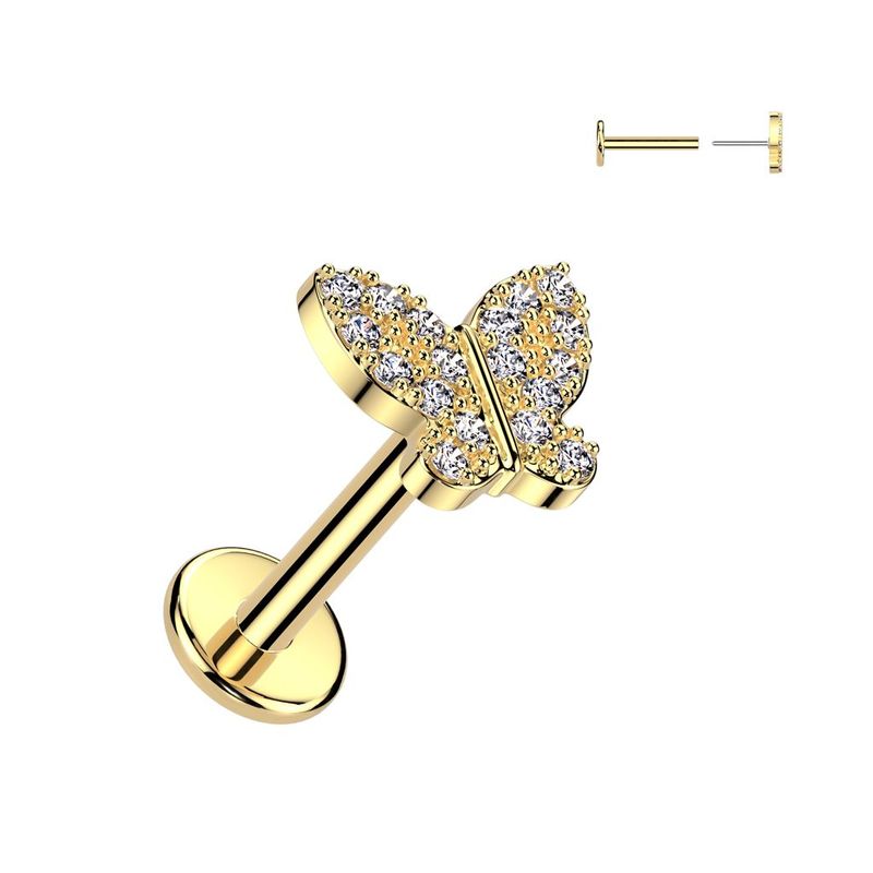 316L Surgical Steel Threadless Push In Flat Back Stud With CZ Butterfly Top