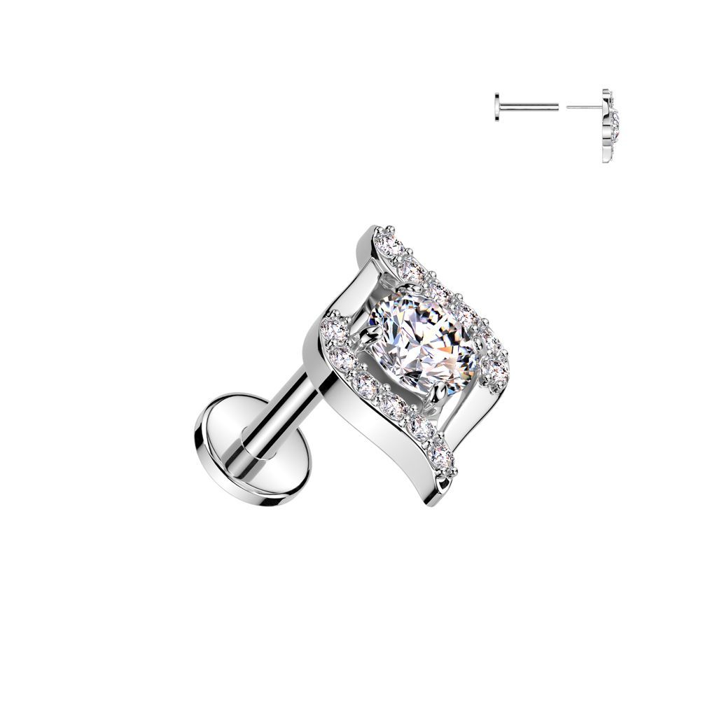 316L Surgical Steel Threadless Push In Flat Back Stud With CZ Pave Edge and CZ Center Egyptian Eyes