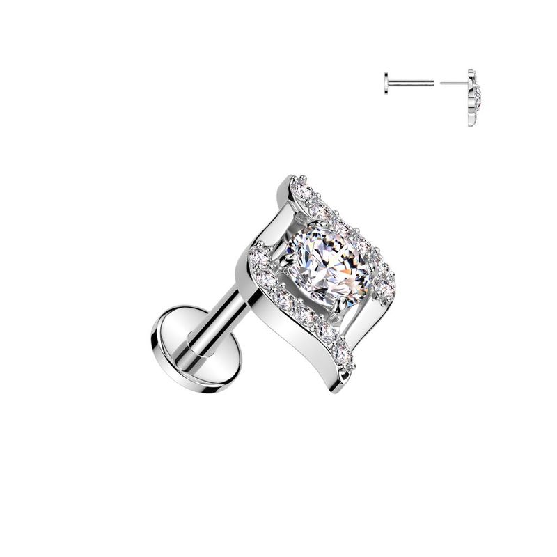 316L Surgical Steel Threadless Push In Flat Back Stud With CZ Pave Edge and CZ Center Egyptian Eyes
