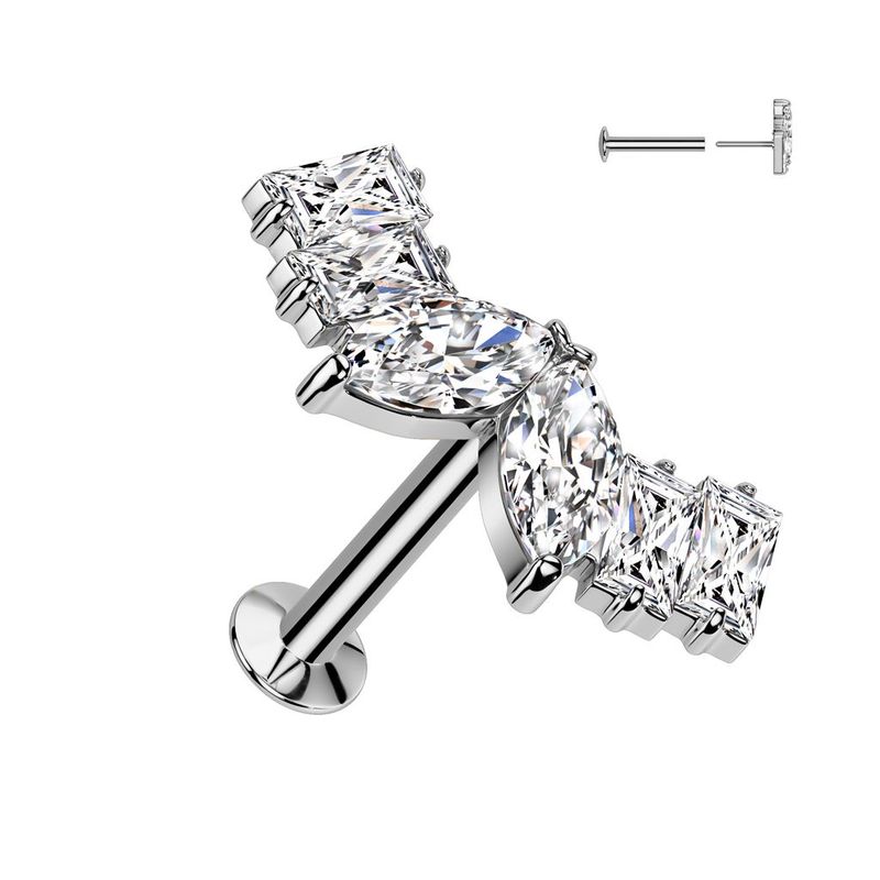 316L Surgical Steel Threadless Push In Flat Back Stud With Convex Back and Marquise Heart CZ Center and 2 Baguette CZ On Each Side Top