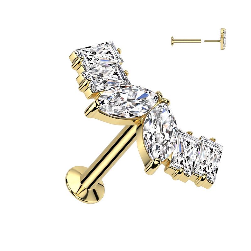 316L Surgical Steel Threadless Push In Flat Back Stud With Convex Back and Marquise Heart CZ Center and 2 Baguette CZ On Each Side Top