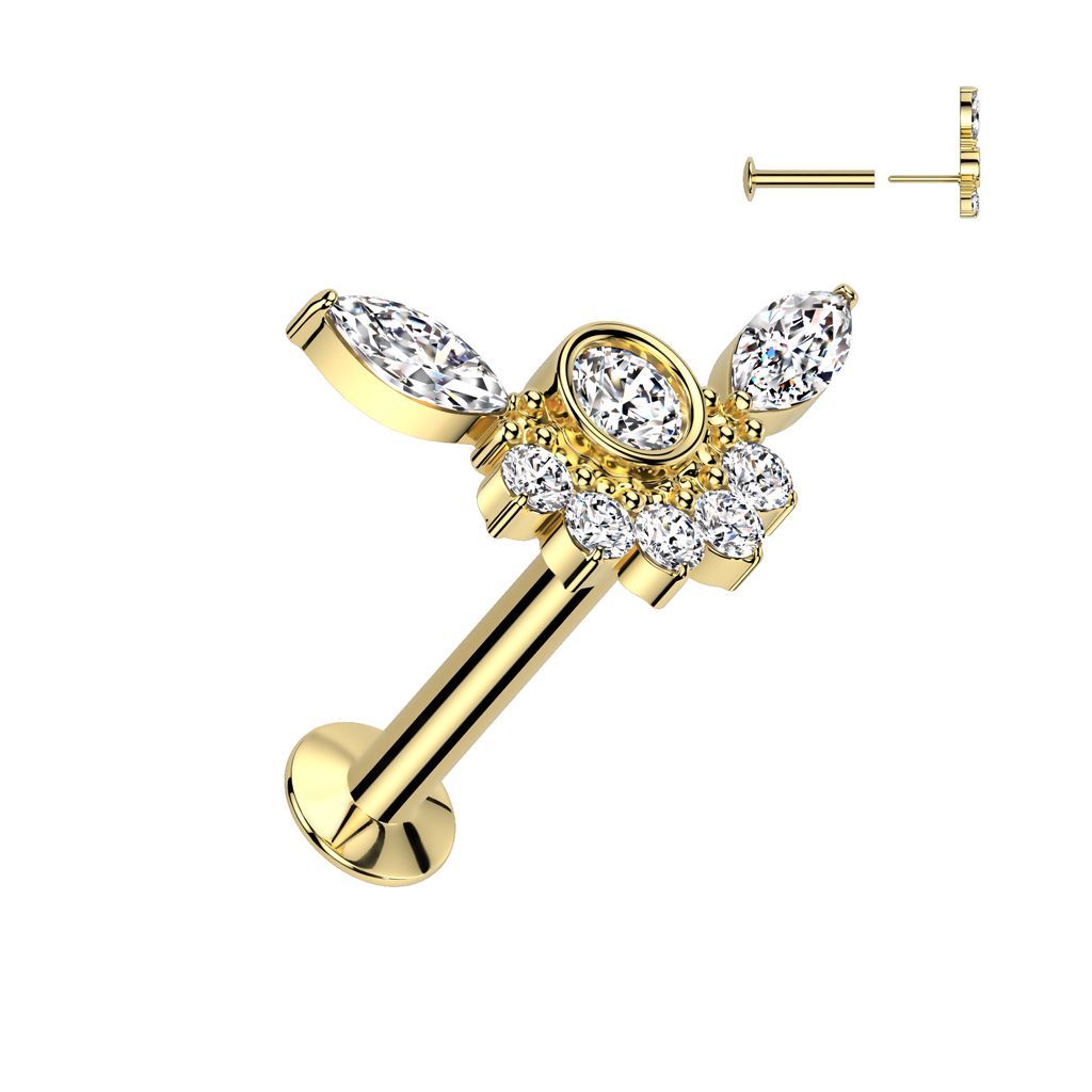 316L Surgical Steel Threadless Push In Flat Back Stud With Convex Back and Bezel Set CZ Center and CZ Cluster Fan Top