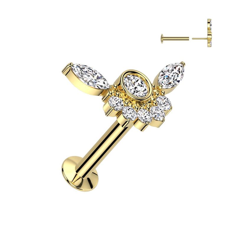 316L Surgical Steel Threadless Push In Flat Back Stud With Convex Back and Bezel Set CZ Center and CZ Cluster Fan Top