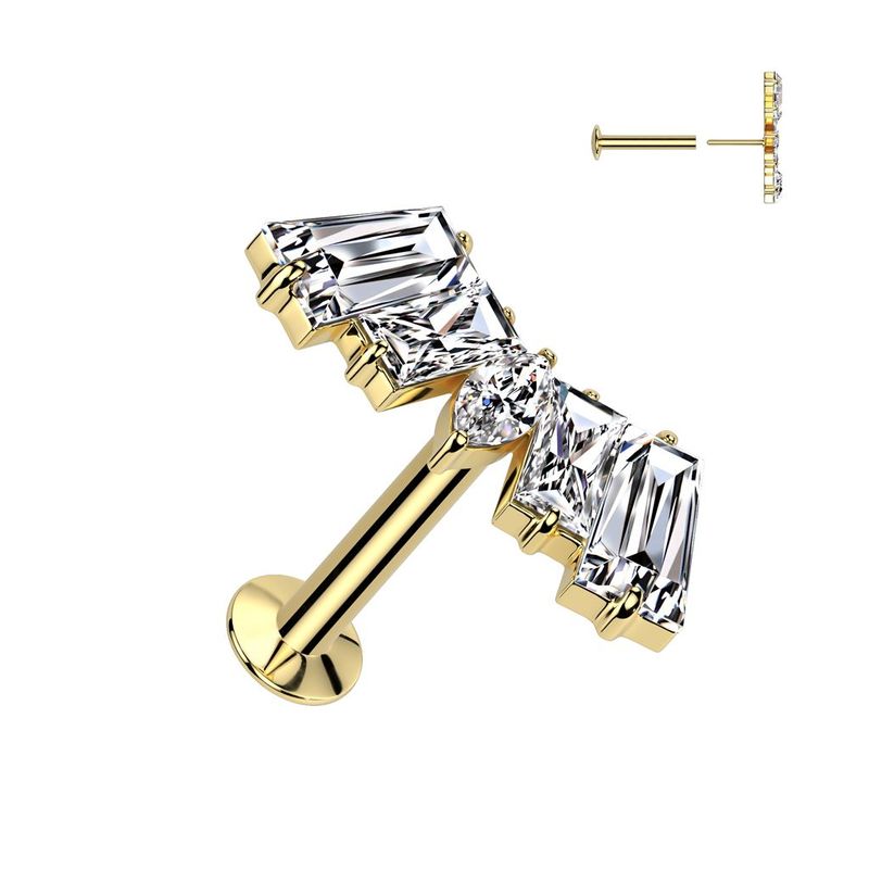 316L Surgical Steel Threadless Push In Flat Back Stud With Convex Back and CZ Baguette and CZ Marquise Center Fan Top