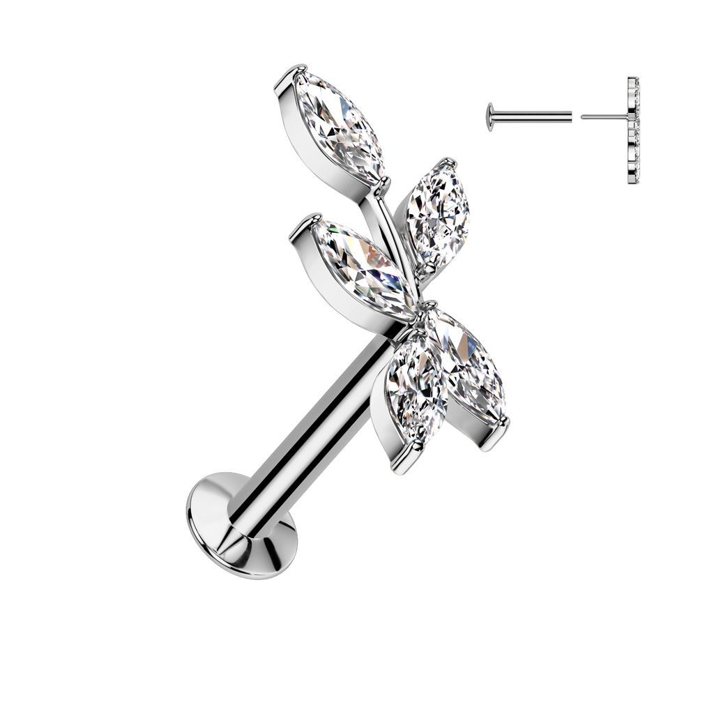 316L Surgical Steel Threadless Push In Flat Back Stud With Convex Back and 5 Marquise CZ Vine Top