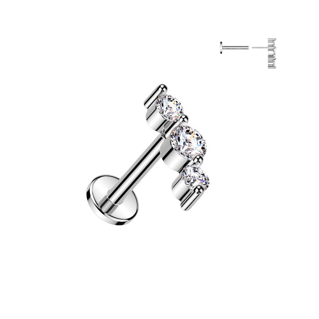 316L Surgical Steel Threadless Push In Flat Back Stud With Triple CZ Top
