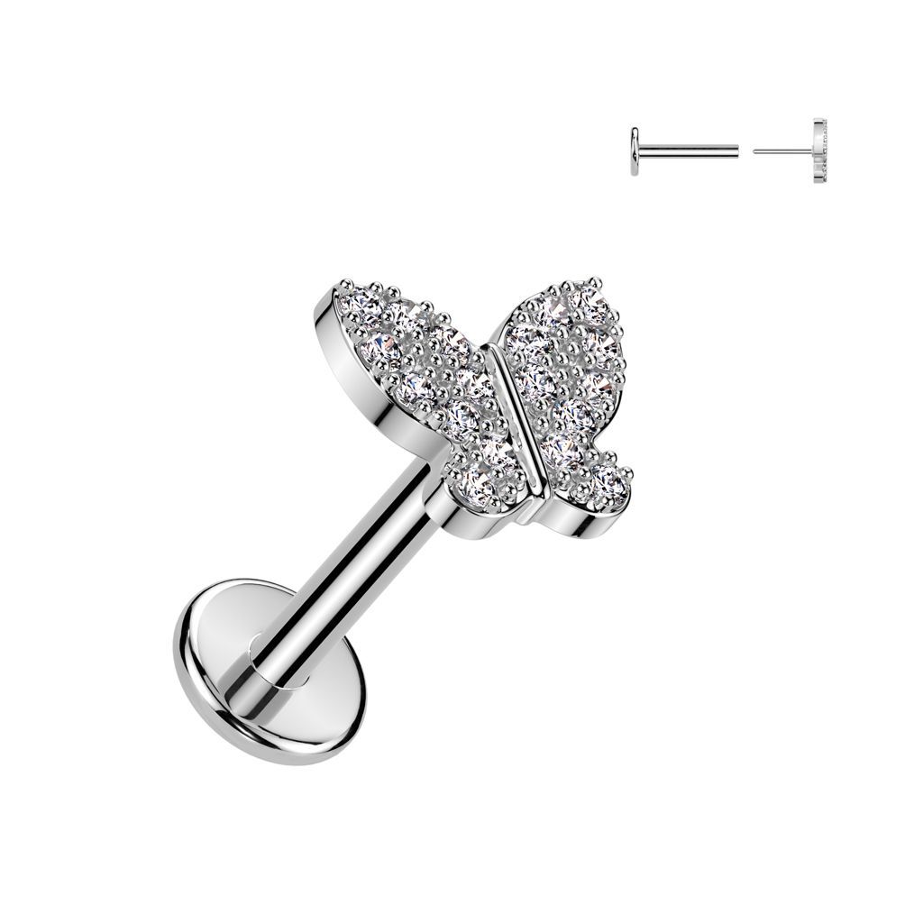 316L Surgical Steel Threadless Push In Flat Back Stud With CZ Butterfly Top