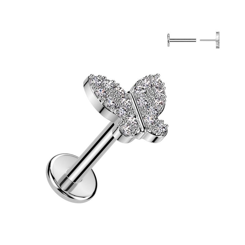 316L Surgical Steel Threadless Push In Flat Back Stud With CZ Butterfly Top
