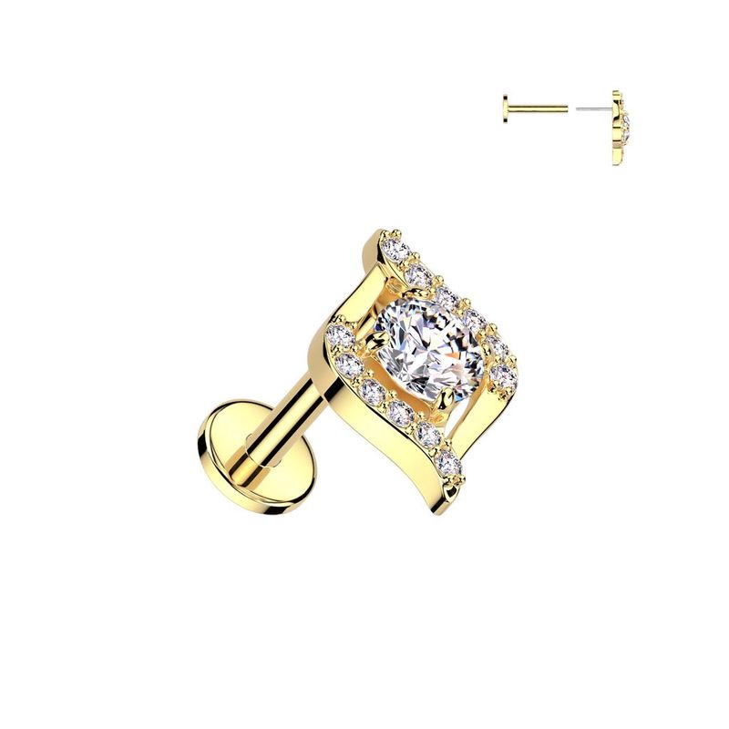 316L Surgical Steel Threadless Push In Flat Back Stud With CZ Pave Edge and CZ Center Egyptian Eyes