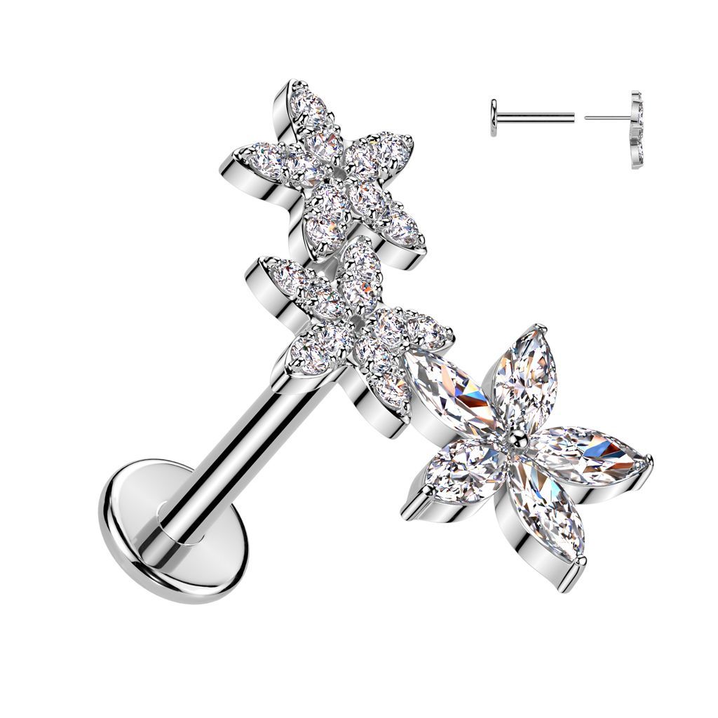 316L Surgical Steel Threadless Push In Flat Back Stud With 2 CZ Flower and 1 Marquise CZ Flower Top