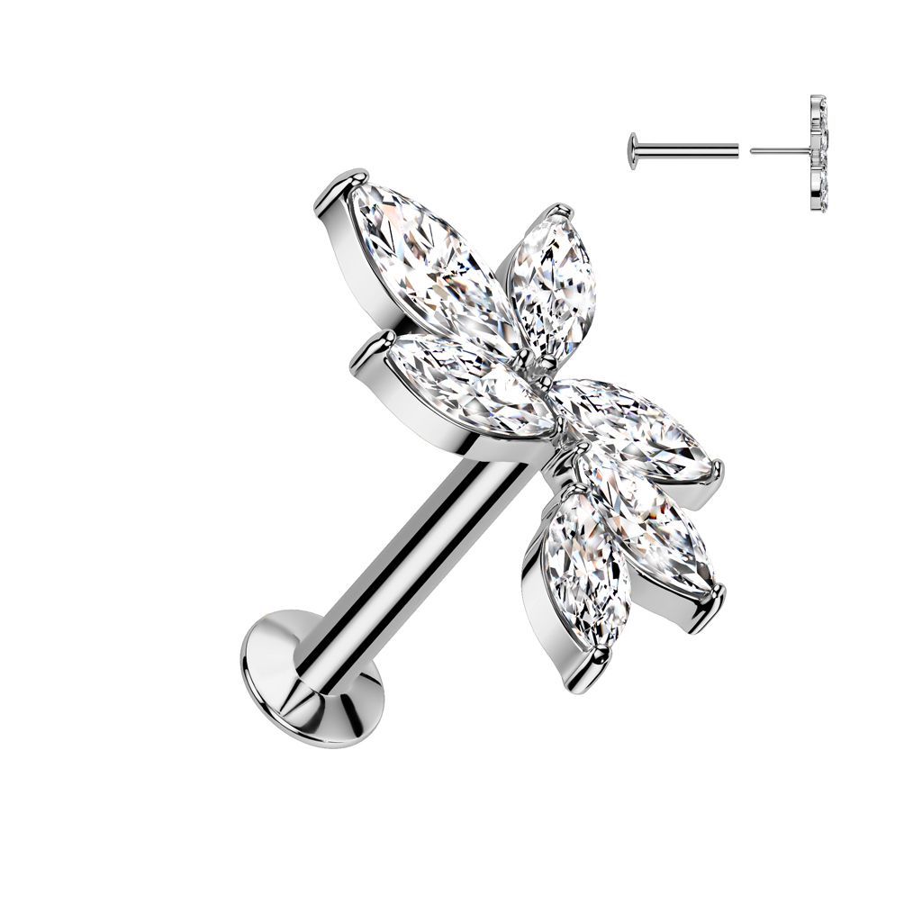 316L Surgical Steel Threadless Push In Flat Back Stud With Convex Back and 6 Marquise CZ Vine Top