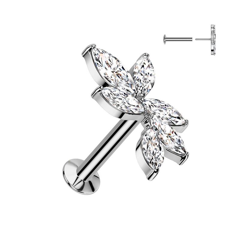 316L Surgical Steel Threadless Push In Flat Back Stud With Convex Back and 6 Marquise CZ Vine Top