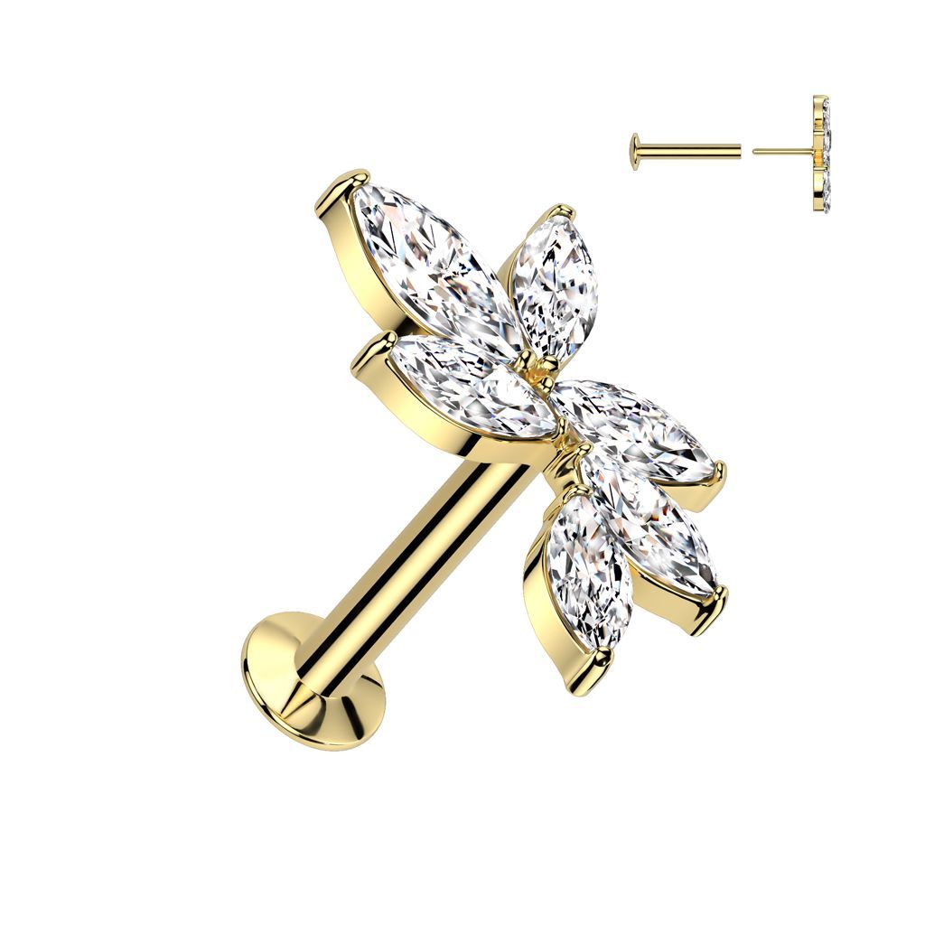 316L Surgical Steel Threadless Push In Flat Back Stud With Convex Back and 6 Marquise CZ Vine Top