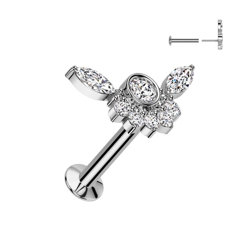 316L Surgical Steel Threadless Push In Flat Back Stud With Convex Back and Bezel Set CZ Center and CZ Cluster Fan Top