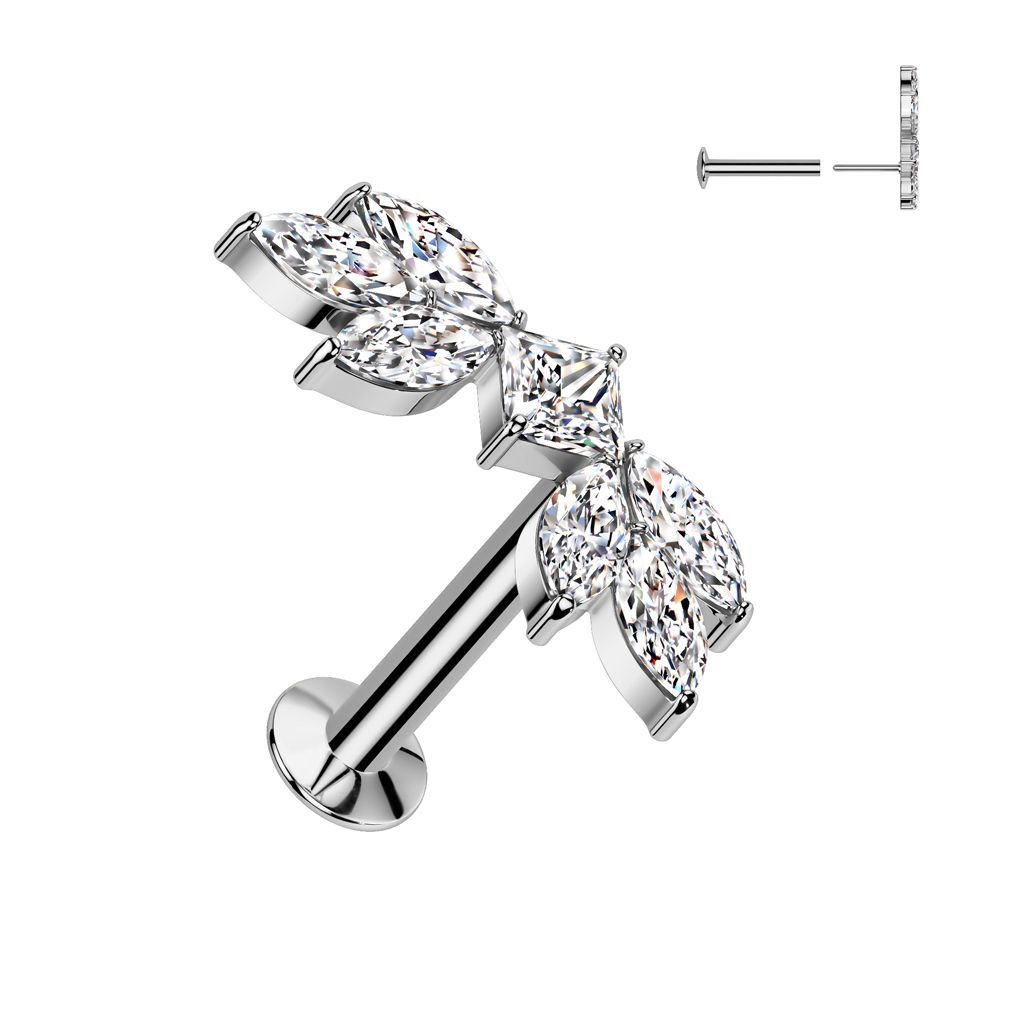 316L Surgical Steel Threadless Push In Flat Back Stud With Convex Back and Marquise CZ Wings Top
