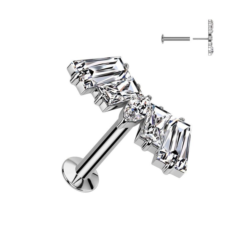 316L Surgical Steel Threadless Push In Flat Back Stud With Convex Back and CZ Baguette and CZ Marquise Center Fan Top