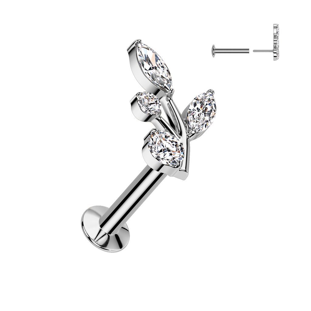 316L Surgical Steel Threadless Push In Flat Back Stud With Convex Back and Marquise and Round CZ Vine Top