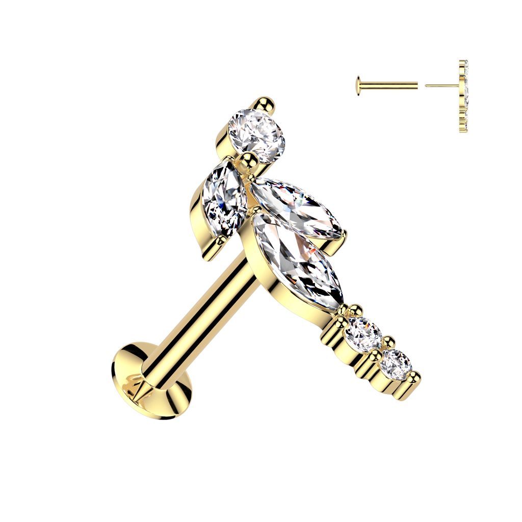 316L Surgical Steel Threadless Push In Flat Back Stud With Convex Back and Marquise CZ Vine and Round CZ Ends Top