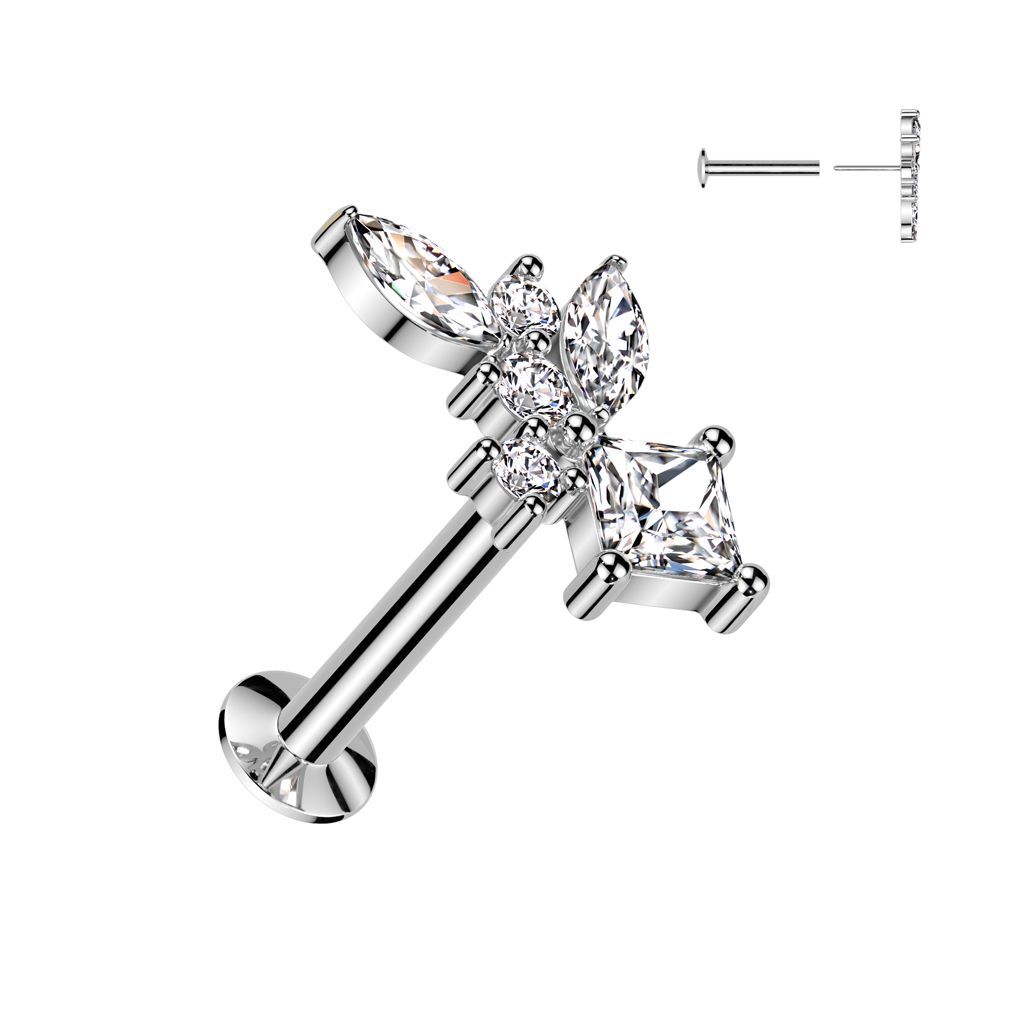 316L Surgical Steel Threadless Push In Flat Back Stud With Convex Back and Marquise, Diamond and Round CZ Cluster Top