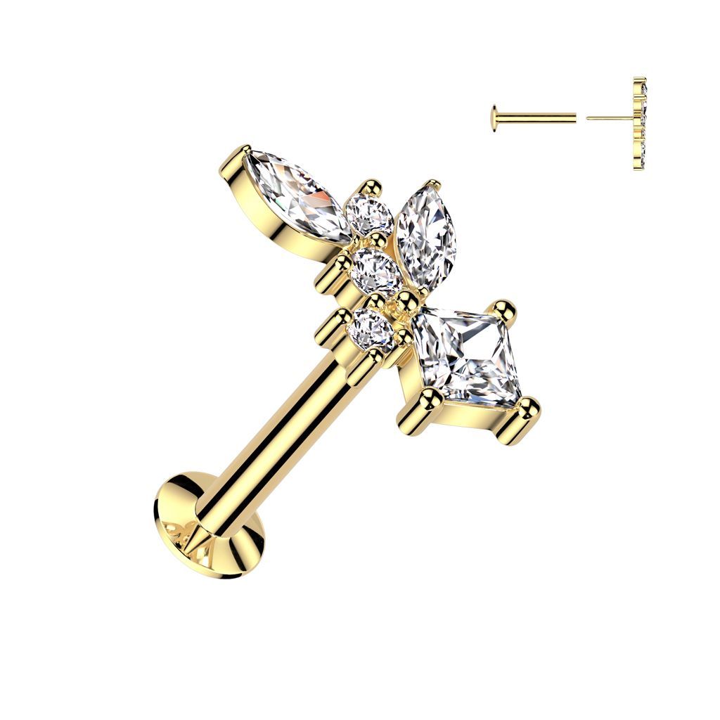 316L Surgical Steel Threadless Push In Flat Back Stud With Convex Back and Marquise, Diamond and Round CZ Cluster Top