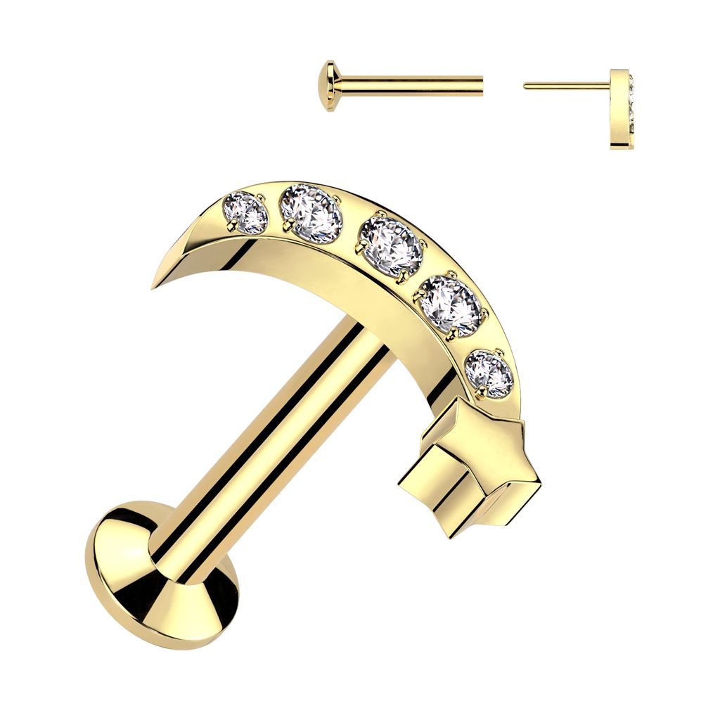 All 316L Surgical Steel Threadless Push In Labret With Convex Back and 5 CNC Set CZ Moon With Star Top