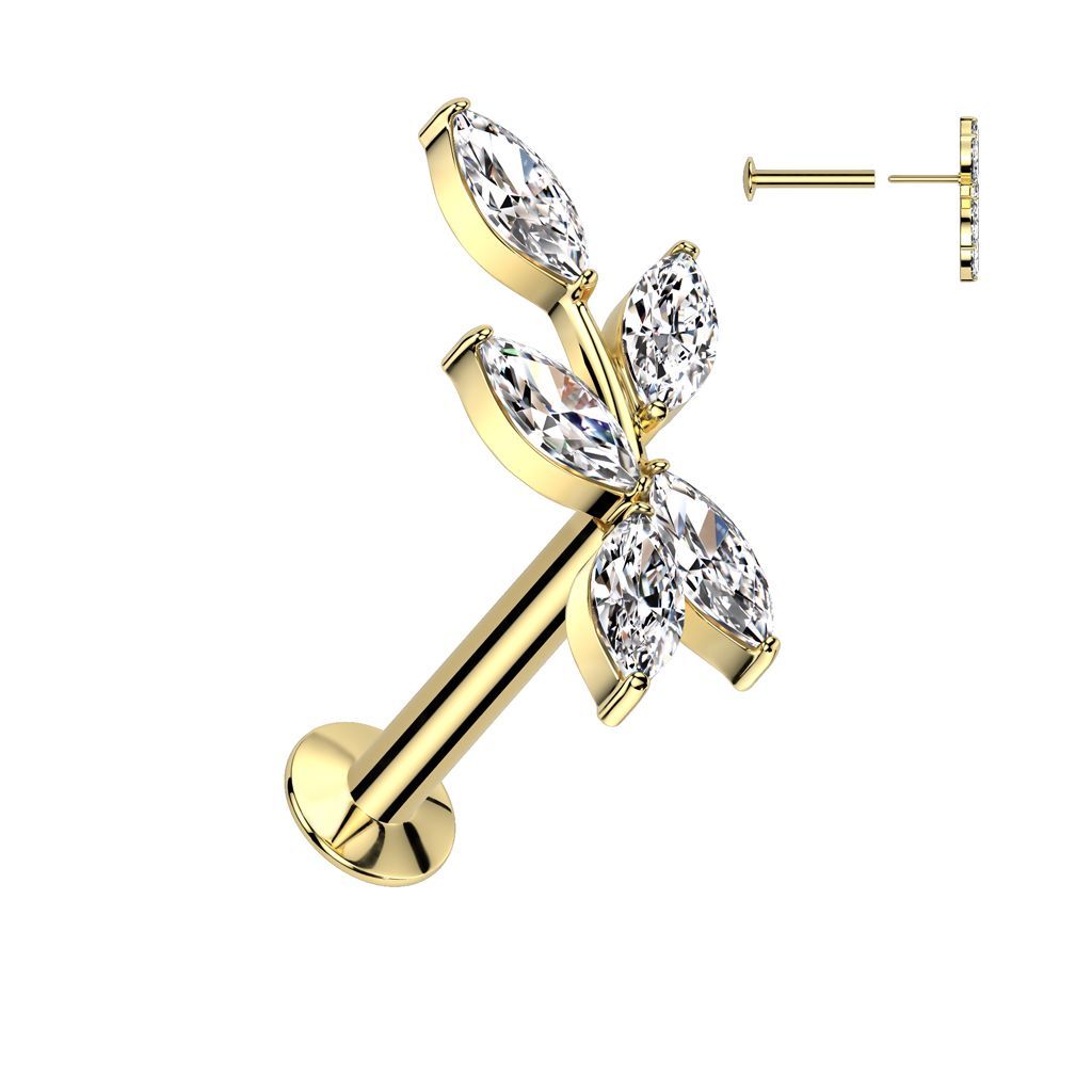316L Surgical Steel Threadless Push In Flat Back Stud With Convex Back and 5 Marquise CZ Vine Top