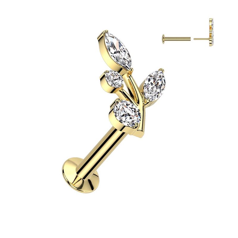 316L Surgical Steel Threadless Push In Flat Back Stud With Convex Back and Marquise and Round CZ Vine Top