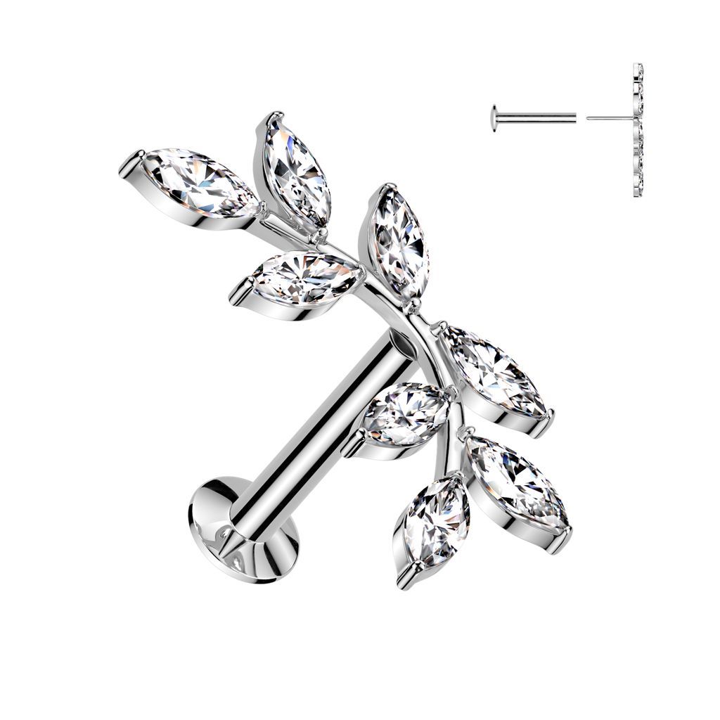 316L Surgical Steel Threadless Push In Flat Back Stud With Convex Back and 8 Marquise CZ Vine Top