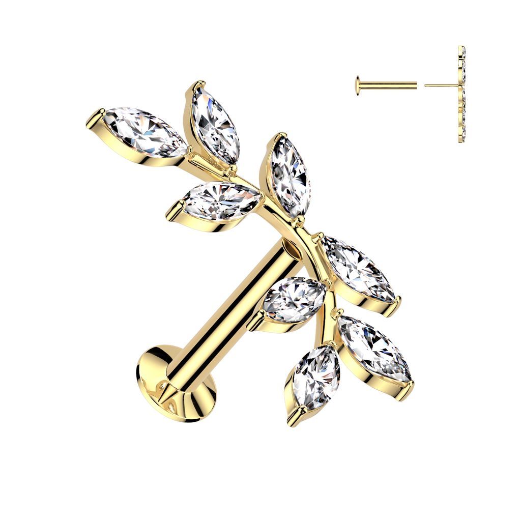 316L Surgical Steel Threadless Push In Flat Back Stud With Convex Back and 8 Marquise CZ Vine Top
