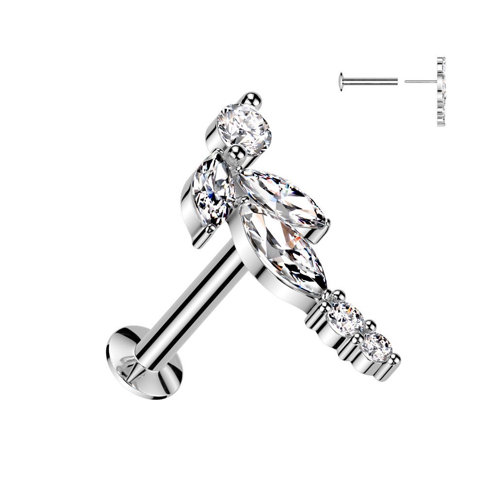 316L Surgical Steel Threadless Push In Flat Back Stud With Convex Back and Marquise CZ Vine and Round CZ Ends Top