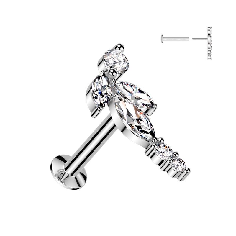 316L Surgical Steel Threadless Push In Flat Back Stud With Convex Back and Marquise CZ Vine and Round CZ Ends Top