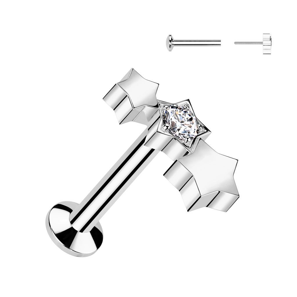 All 316L Surgical Steel Threadless Push In Labret With Convex Back and Triple Star With Round CNC Set CZ Center Top