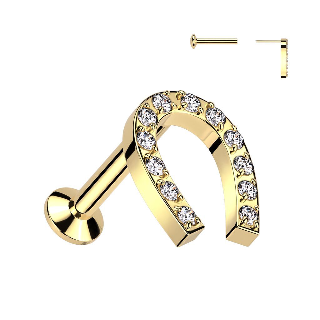 316L Surgical Steel Threadless Push In Labret With Convex Back and CNC Set CZ Horseshoe Top